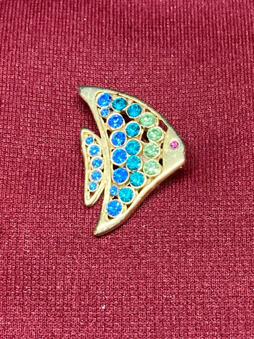 Vintage LIA Signed Angelfish Brooch Pin, 1990s Gold Tone Blue Green Rhinestone